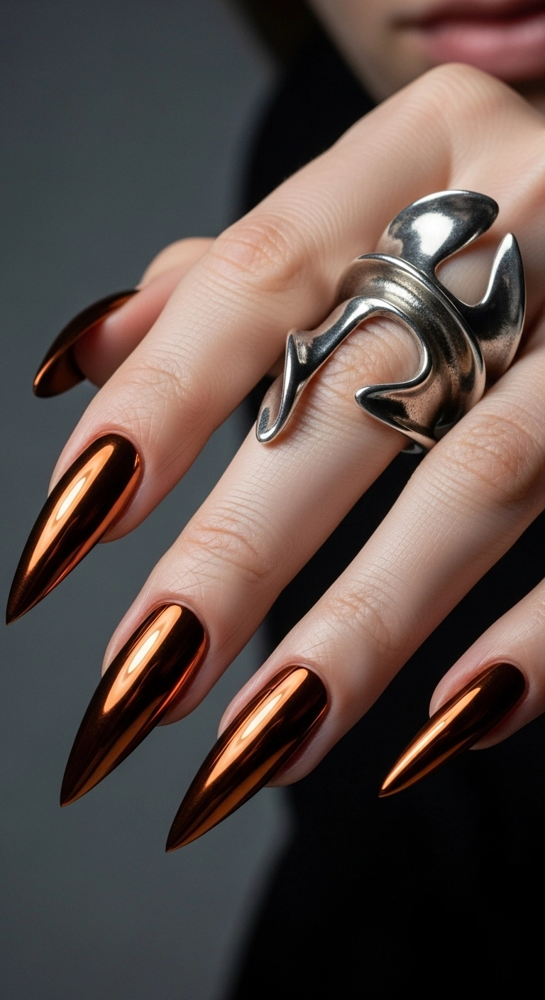 An extreme close-up of long stiletto nails with a reflective copper chrome finish.
