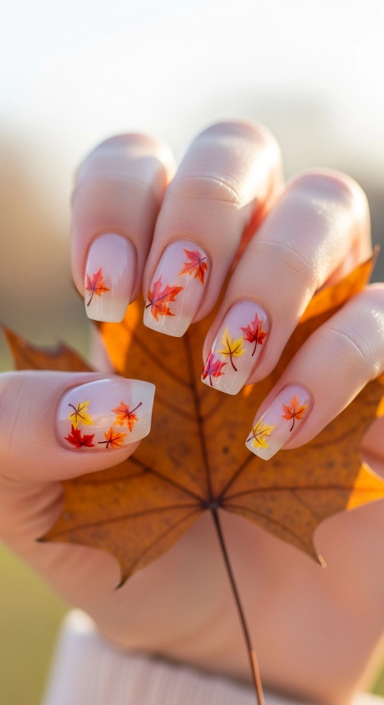 A macro shot of short nails with delicately painted falling autumn leaves.