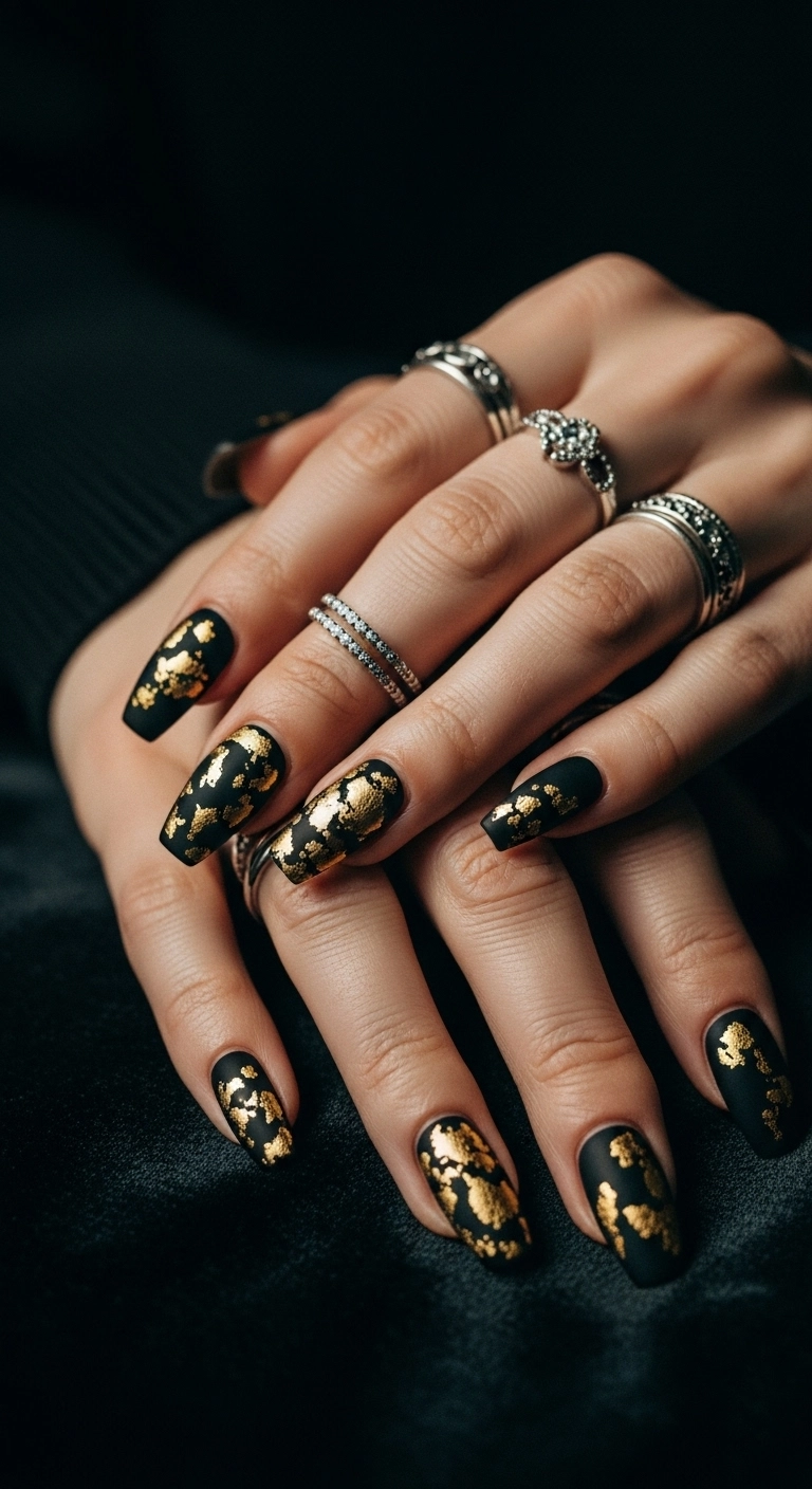 Matte black coffin nails with an abstract cracked gold leaf design.