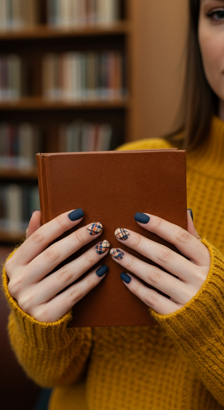 Short square nails with a detailed autumn plaid design in navy, orange, and cream.