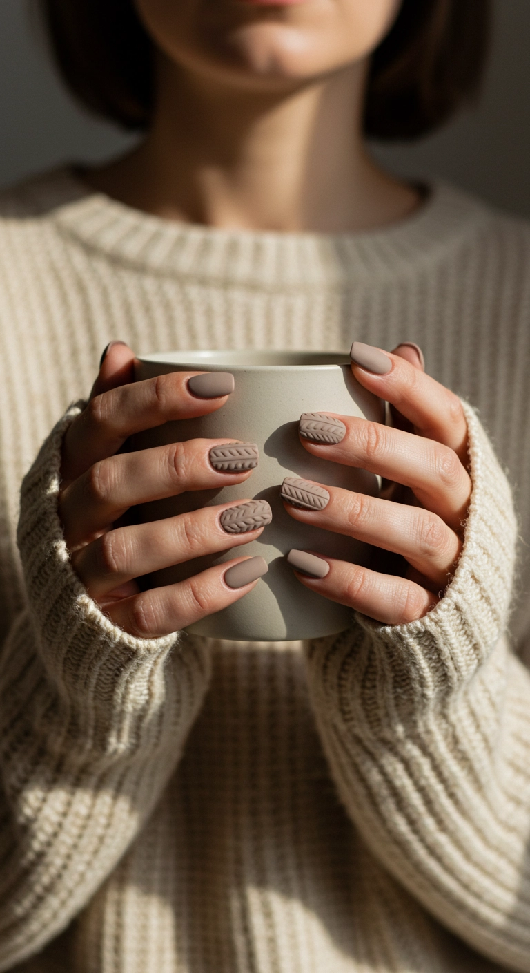 A close-up of short, rounded nails with a 3D textured sweater knit design in taupe.