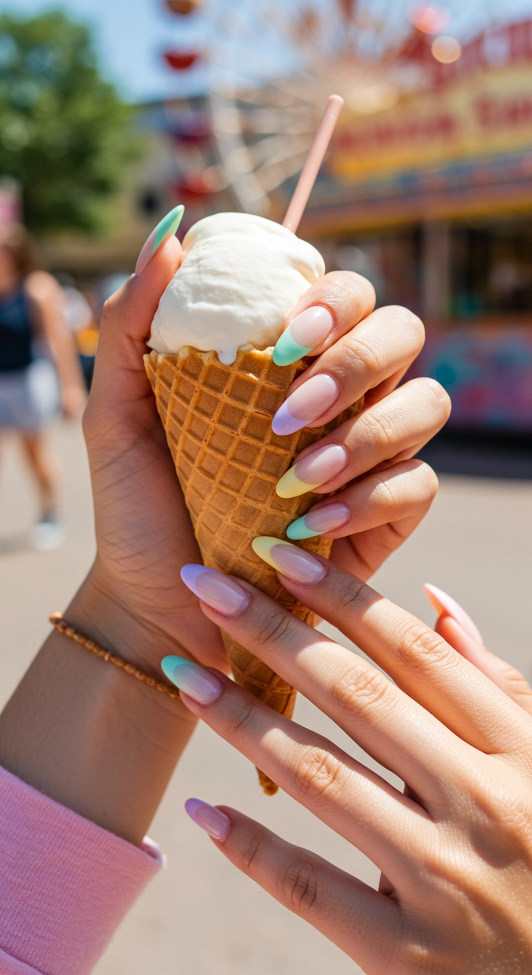 A close-up of almond acrylic nails with each tip painted a different pastel rainbow color.