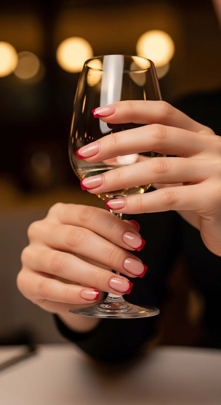 An elegant shot of short square acrylic nails with a very thin ruby red French tip.