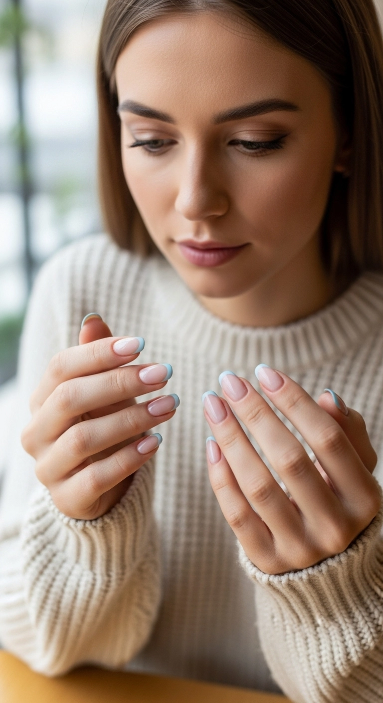 A woman's hands with short squoval acrylic nails featuring a baby blue micro French manicure.