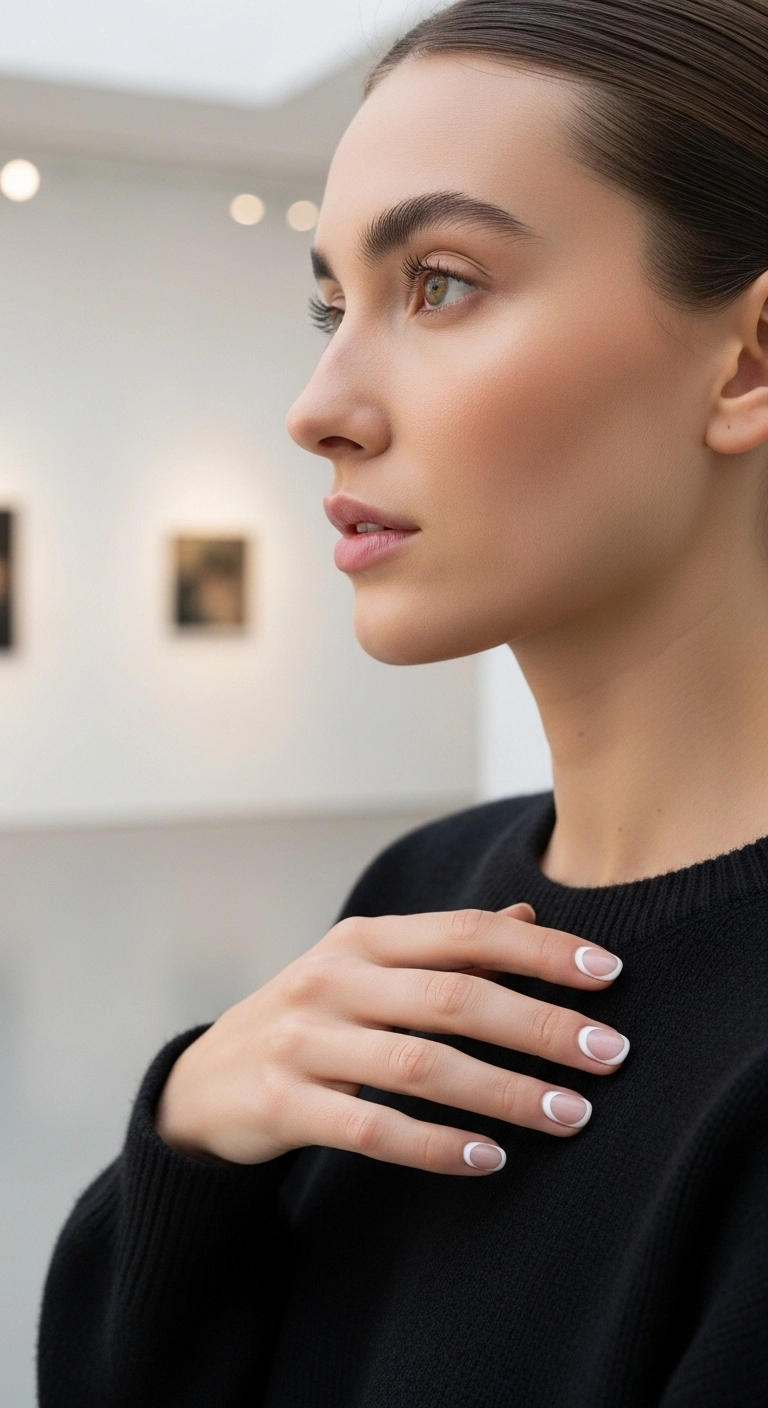 A side view of short rounded acrylic nails with an inverted French manicure.