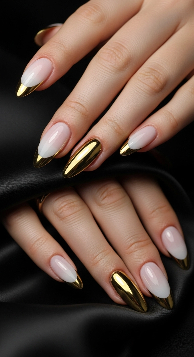A high-fashion shot of almond acrylic nails with striking gold chrome French tips.