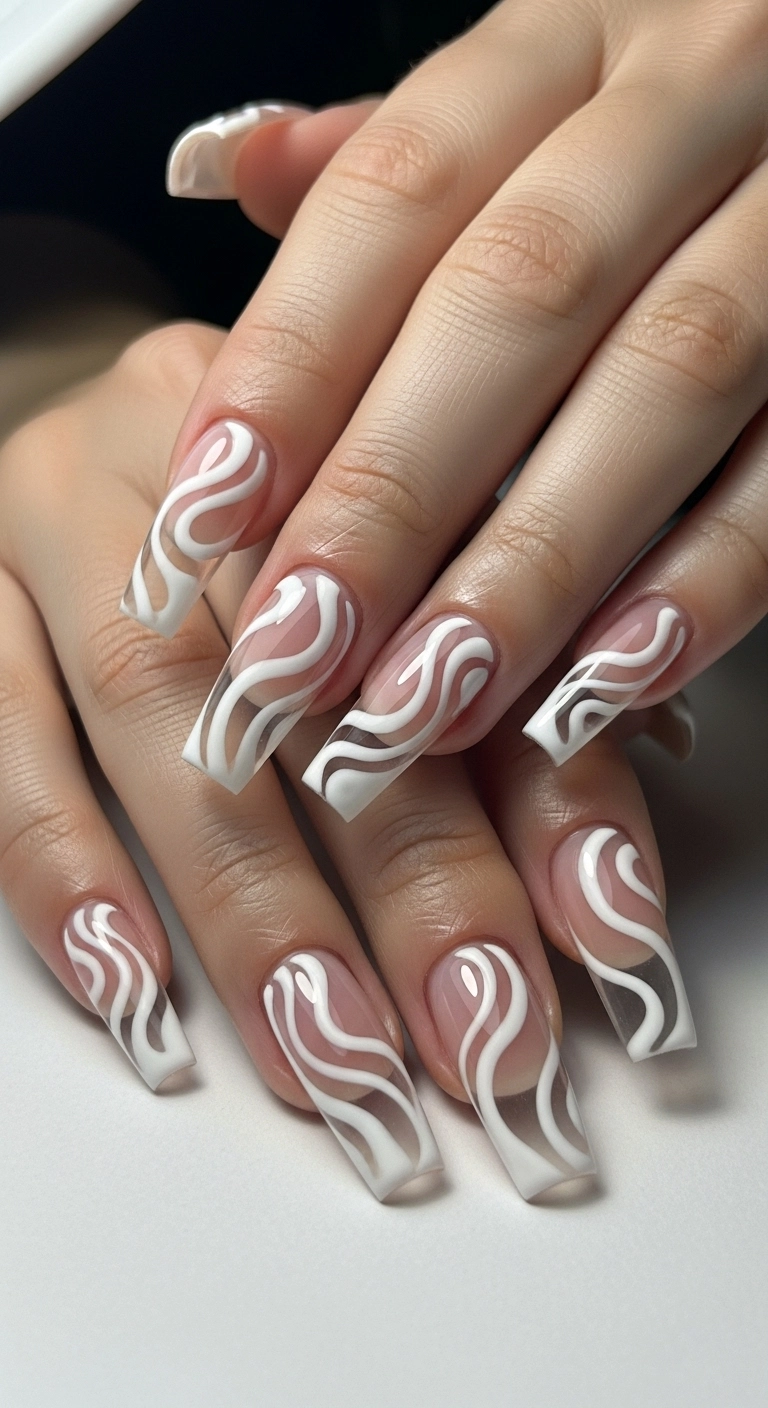 A macro shot of tapered square acrylic nails with an abstract white swirl French tip design.
