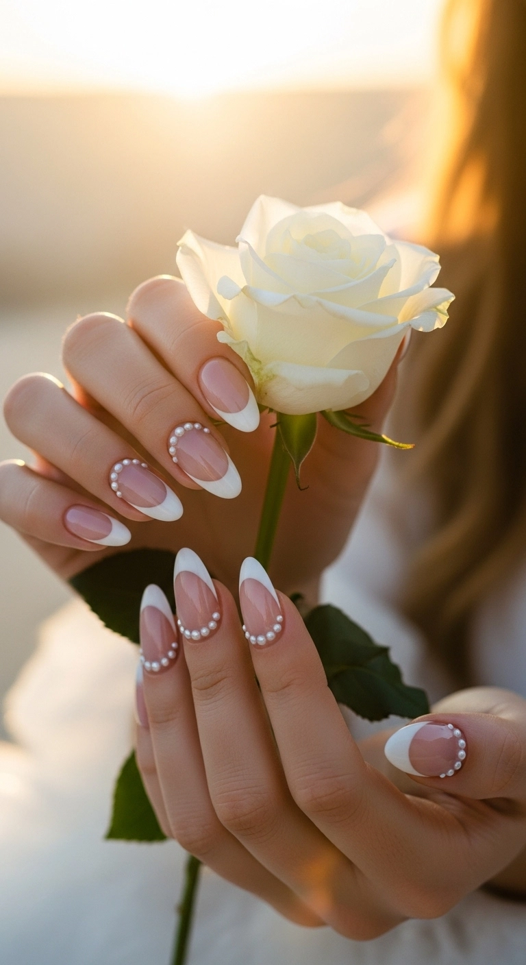 A close-up of oval acrylic nails with a white French tip accented with delicate pearls.
