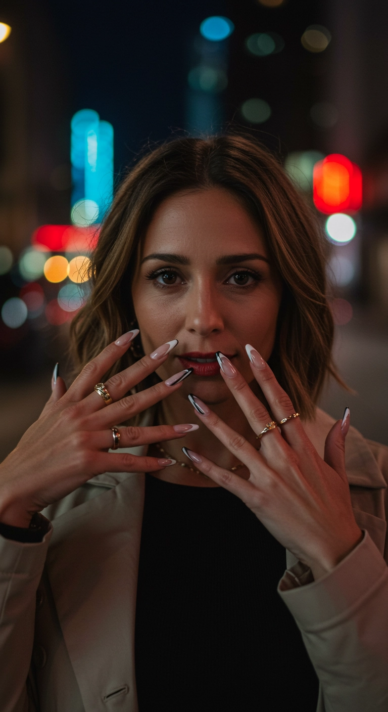 A chic woman showing off her double French manicure with parallel black and white tips.
