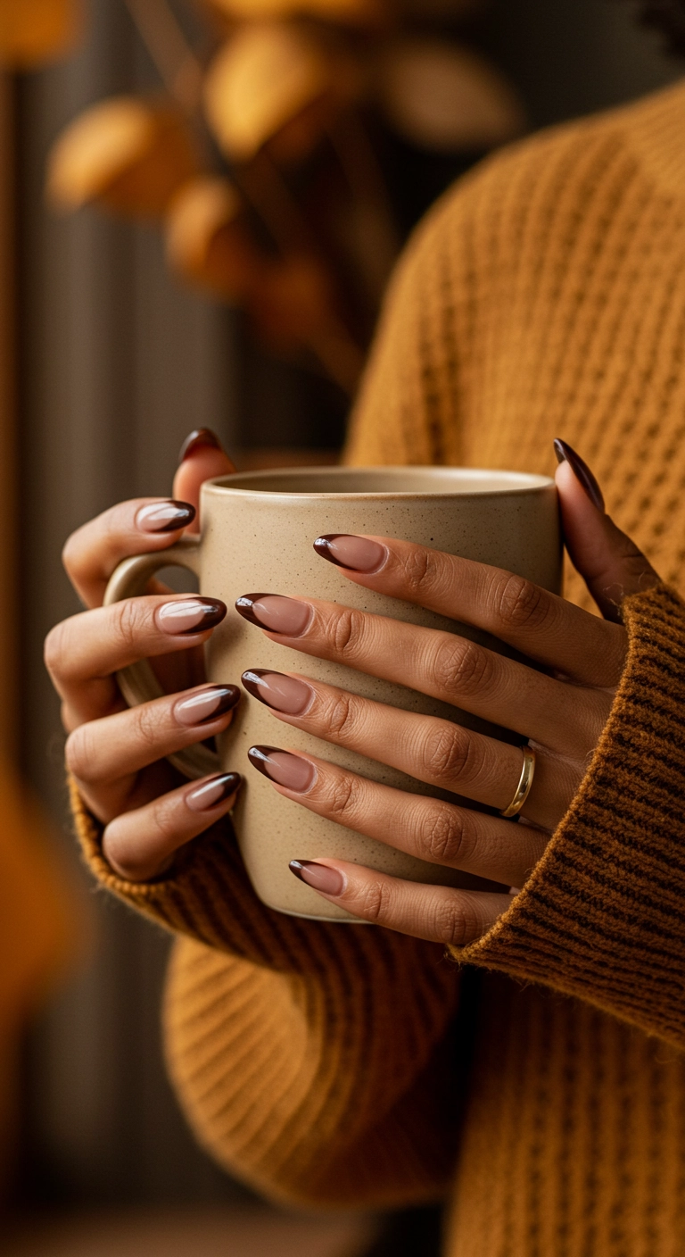 A woman's hand with squoval acrylic nails featuring chocolate brown French tips.