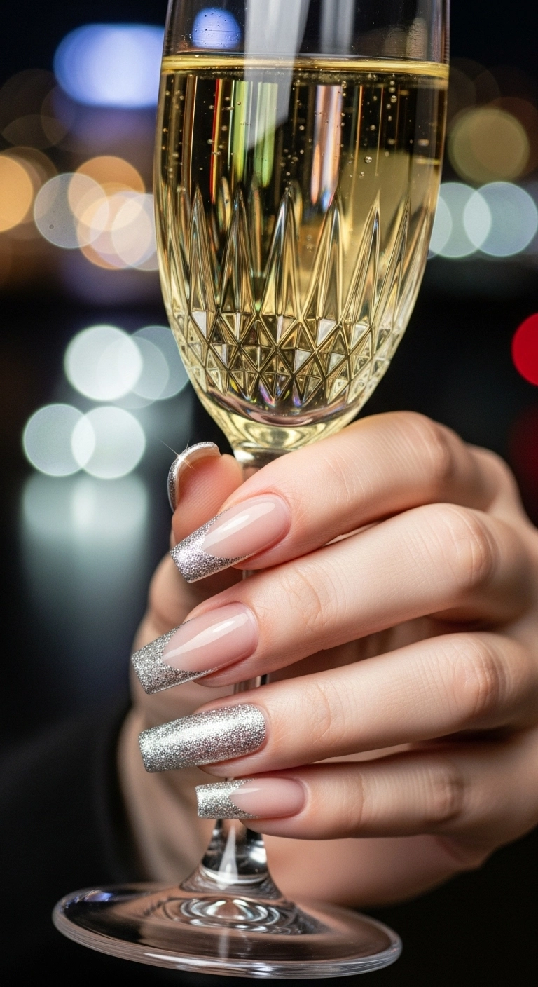 A macro shot of long square acrylic nails with shimmering silver glitter French tips.