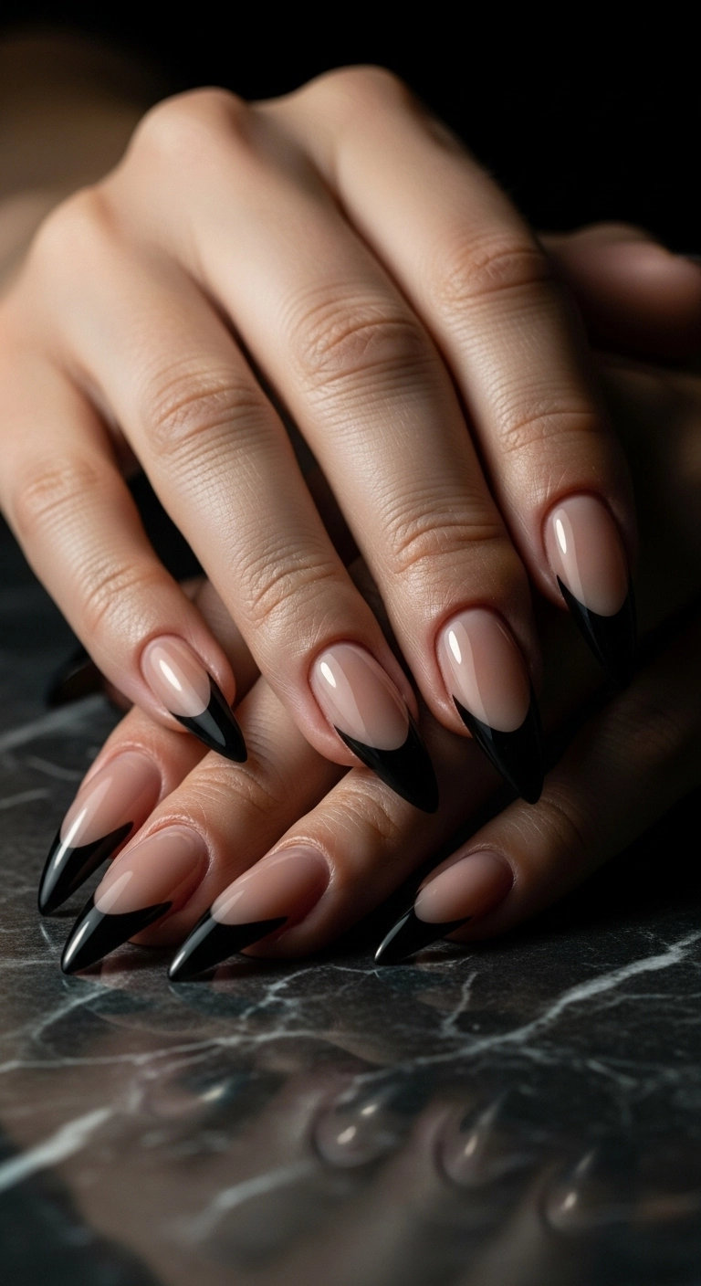 A dramatic shot of stiletto acrylic nails with sharp, black V-cut French tips.