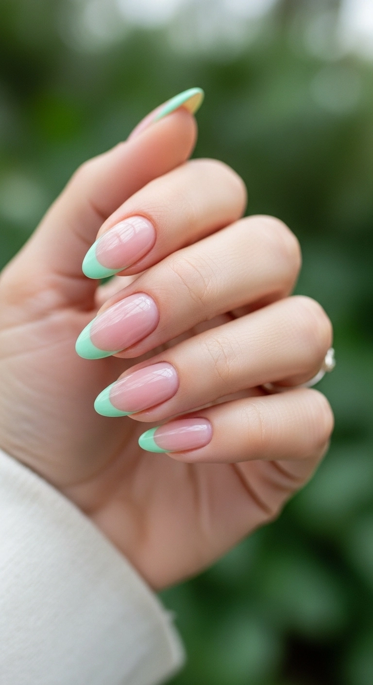 Macro shot of long oval nails with a very thin mint green French tip.