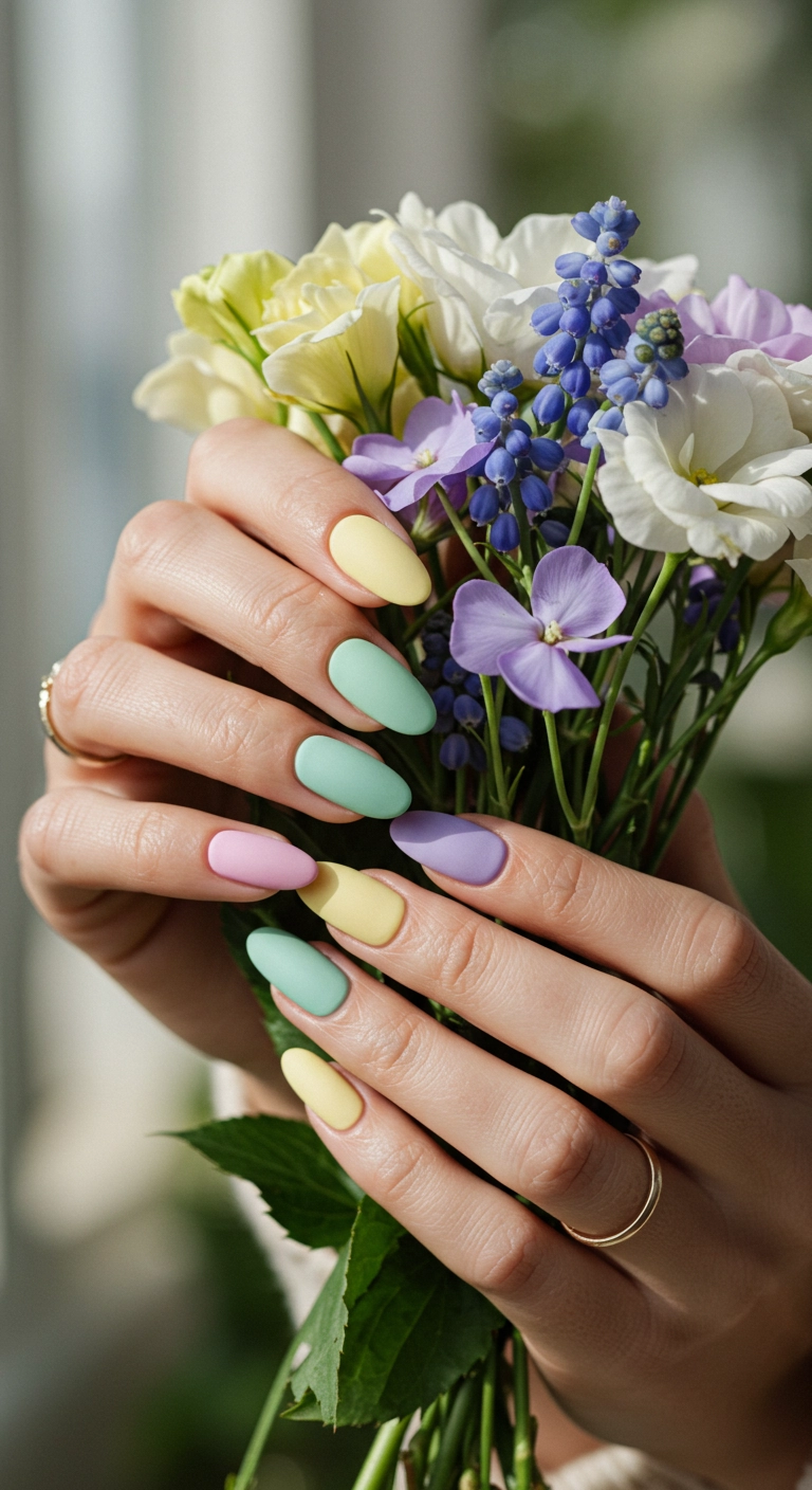 Woman's hands with different pastel colored nails holding spring flowers.