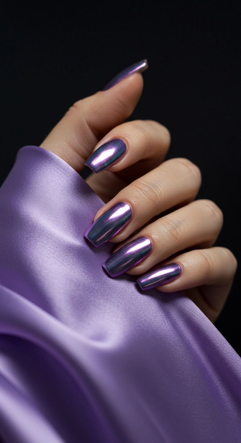 Close-up of long square nails with a shiny lavender chrome finish.