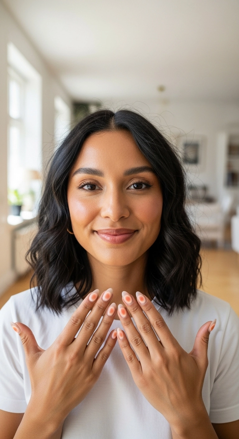 Woman smiling and showing her oval nails with a soft peach aura design in the center.
