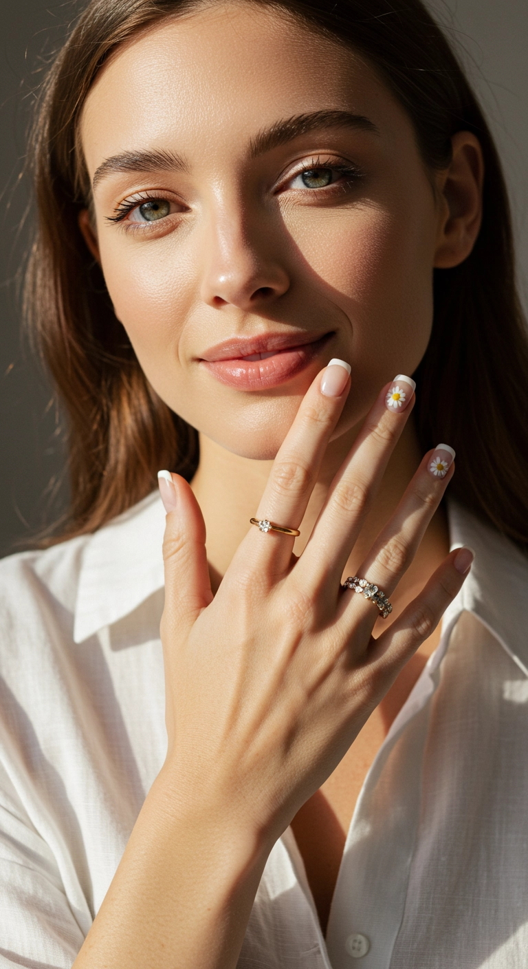 Close-up of a hand with a nude manicure and a small daisy painted on the ring finger.