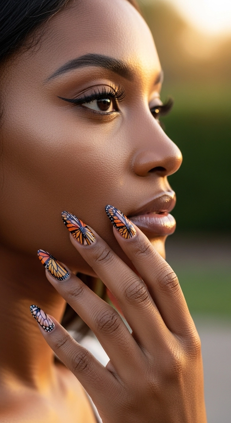 Profile of a Black woman showing her almond nails with a detailed butterfly wing design.
