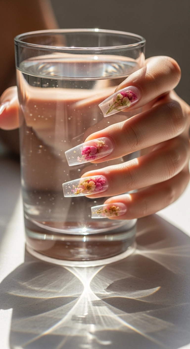 Hand with long, sheer pink jelly nails that have real tiny dried flowers inside them.