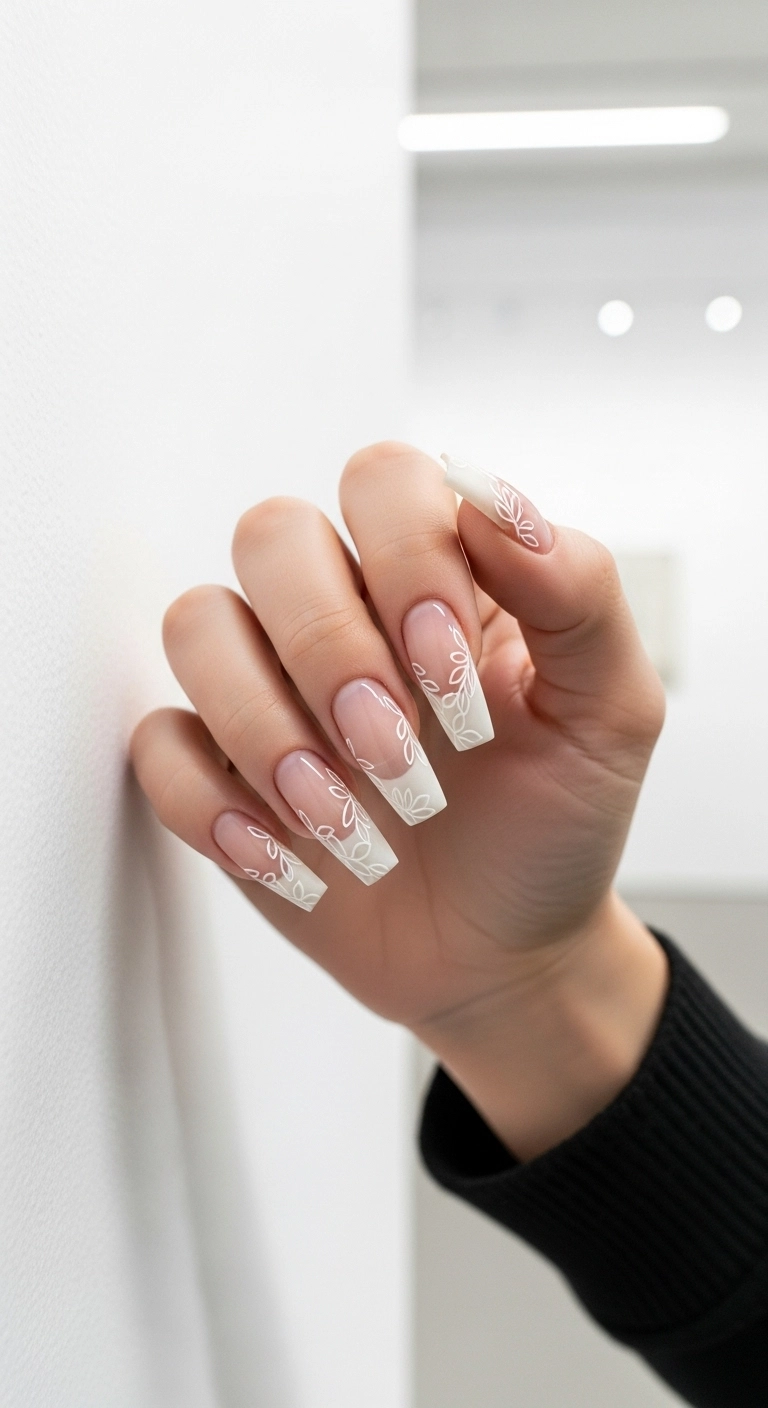 Hand with long coffin nails featuring a negative space design with white floral outlines.