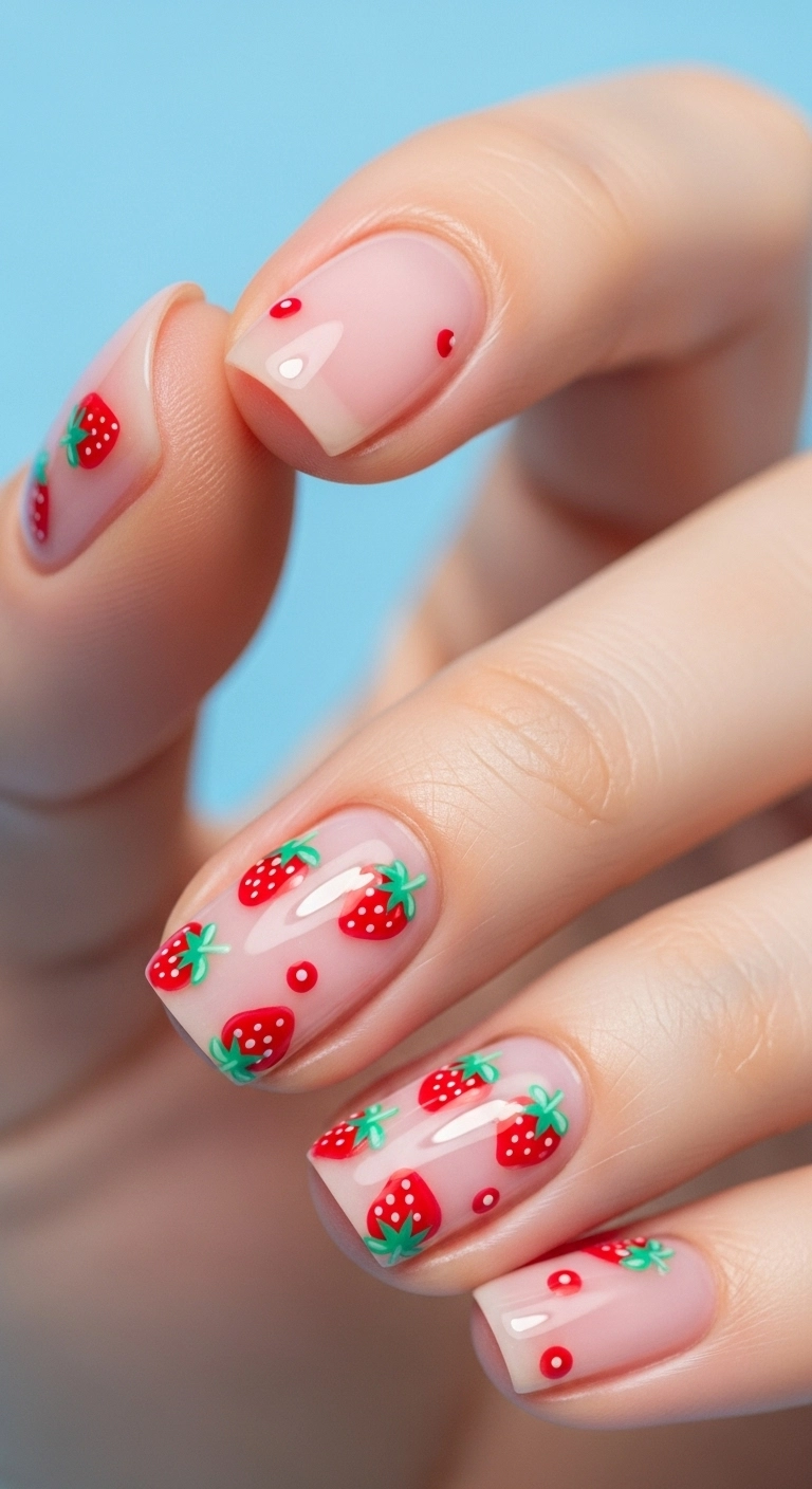 Macro shot of sheer pink nails with tiny, detailed strawberries painted on two fingers.