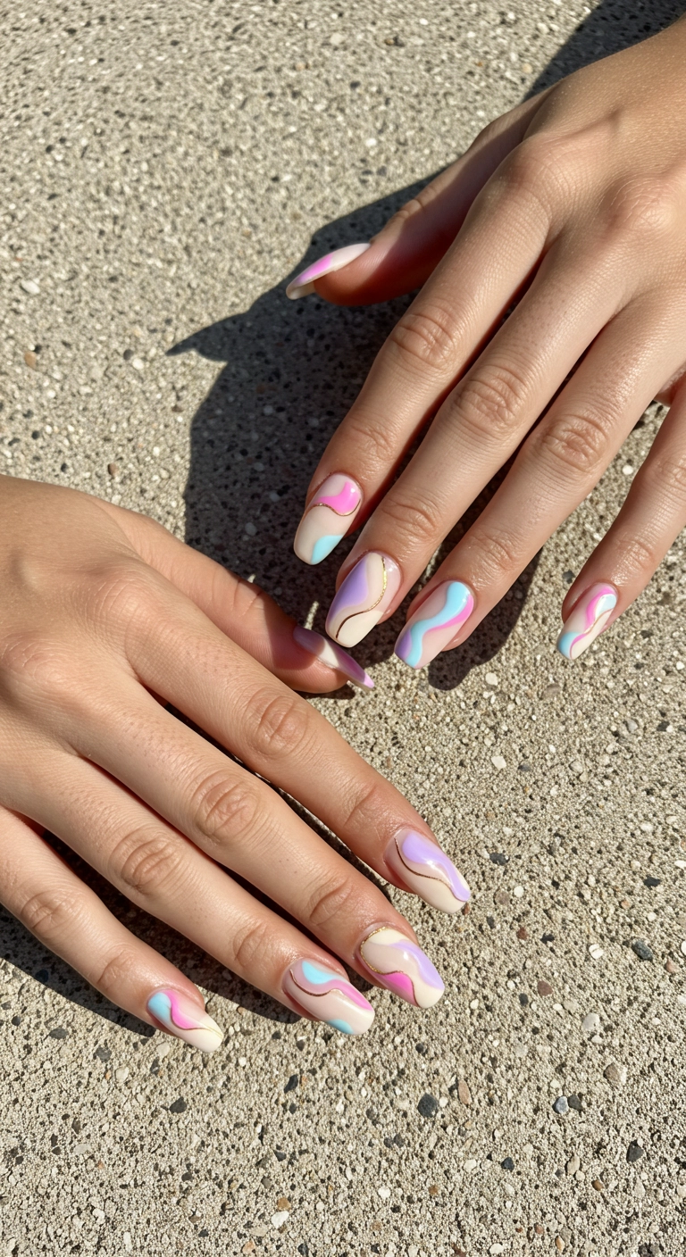 Overhead view of hands with off-white nails decorated with pastel swirls and gold lines.