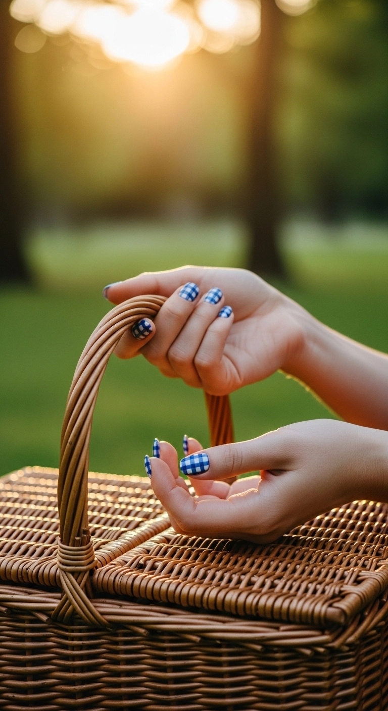 Hands with short, rounded nails painted in a blue and white gingham pattern holding a picnic basket.