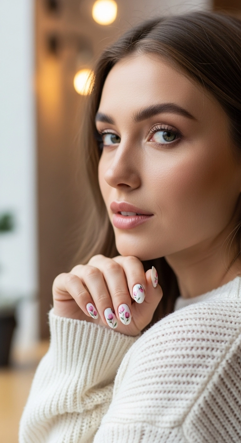 A woman showcasing her milky white nails with soft, watercolor-style floral paintings.
