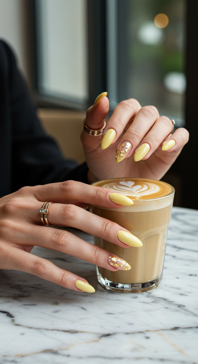 Elegant hands with long stiletto nails in butter yellow, with gold flakes on one nail.