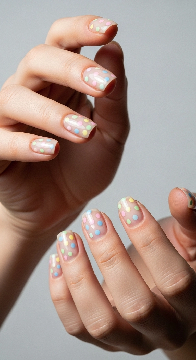 Close-up of short square nails with a neutral base and tiny colorful polka dots.