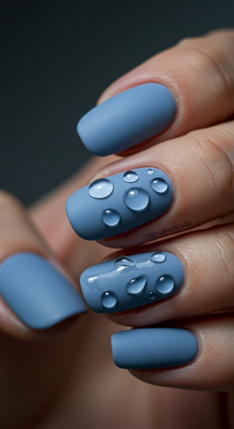 Macro photo of matte blue nails with realistic 3D clear gel raindrops on them.