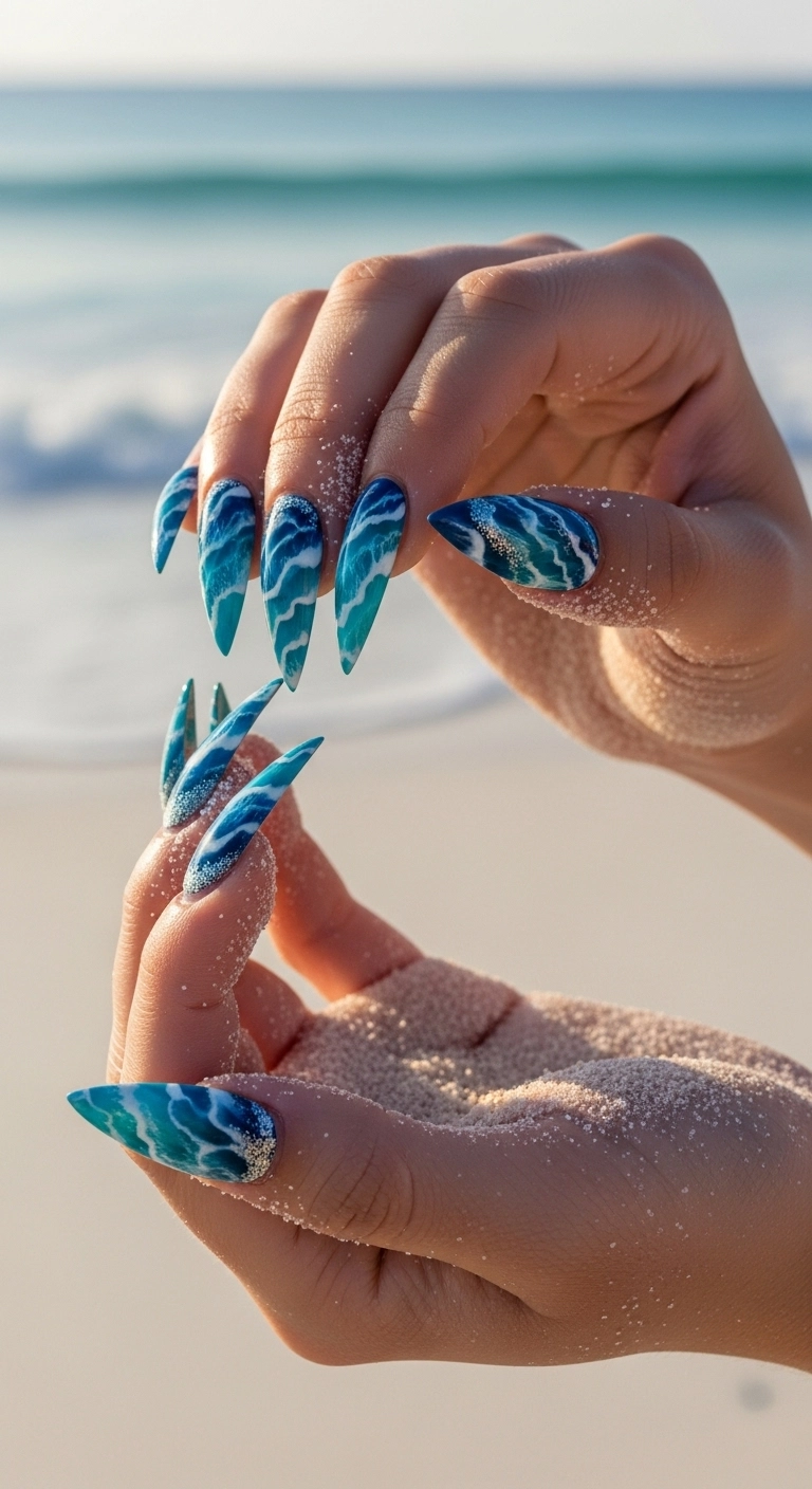 Detailed ocean wave nail art with blue, turquoise, and white swirls on stiletto nails.