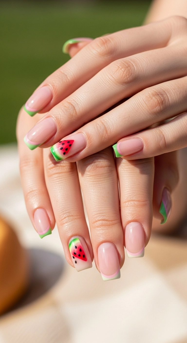 Woman's hands with playful watermelon slice nail art on a picnic blanket.