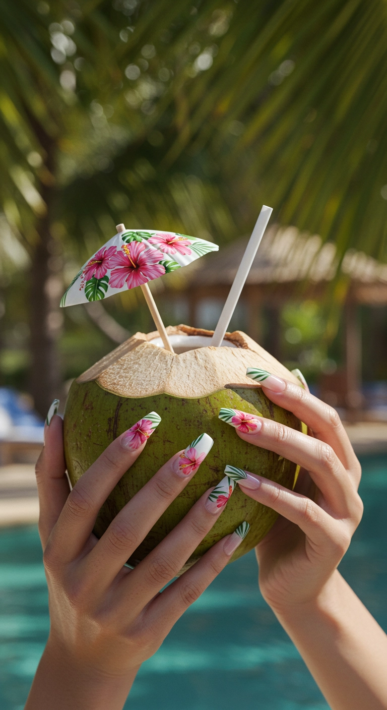 Detailed hibiscus flower nail art on long coffin nails at a tropical resort.