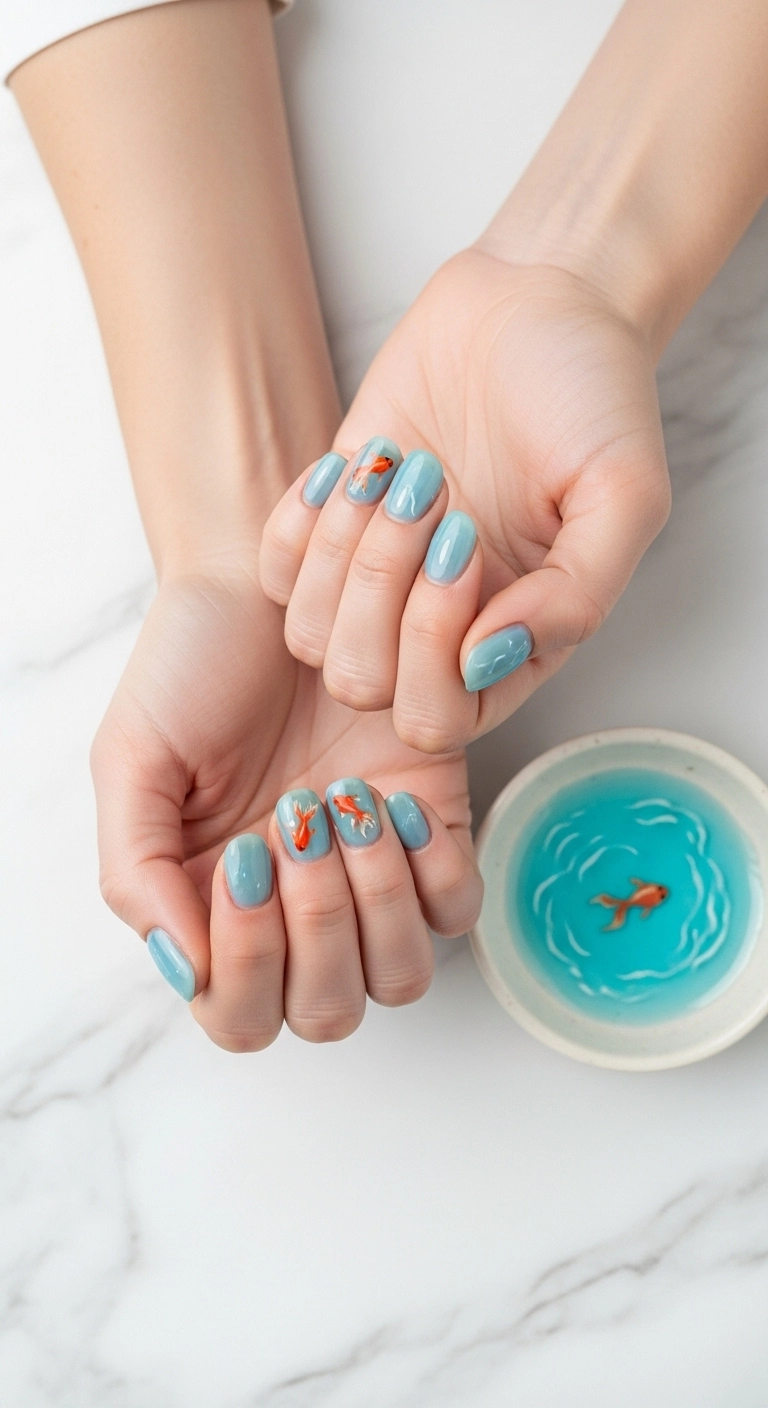 Minimalist nail art with tiny goldfish painted on a sheer blue jelly polish base.