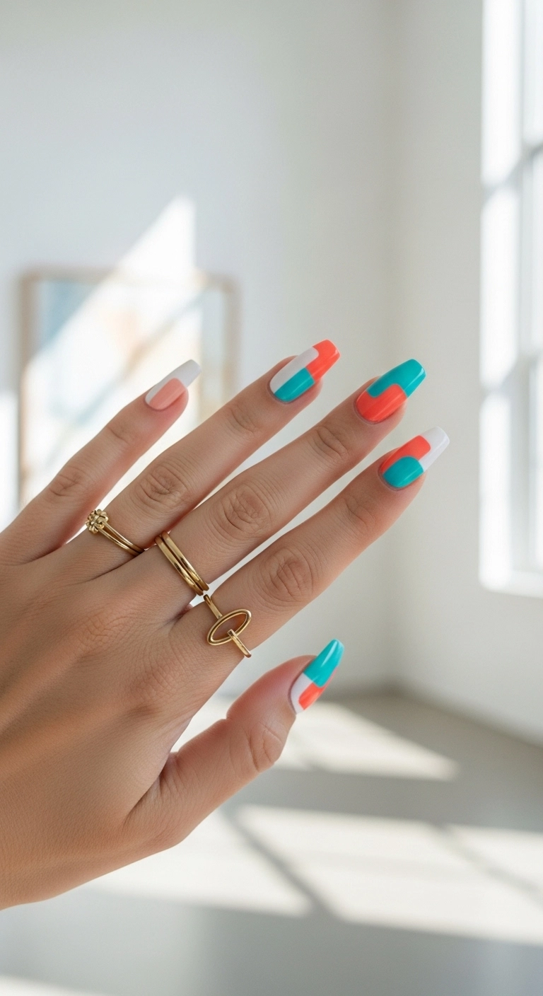 Abstract color block nail art with coral, turquoise, and white on coffin nails.
