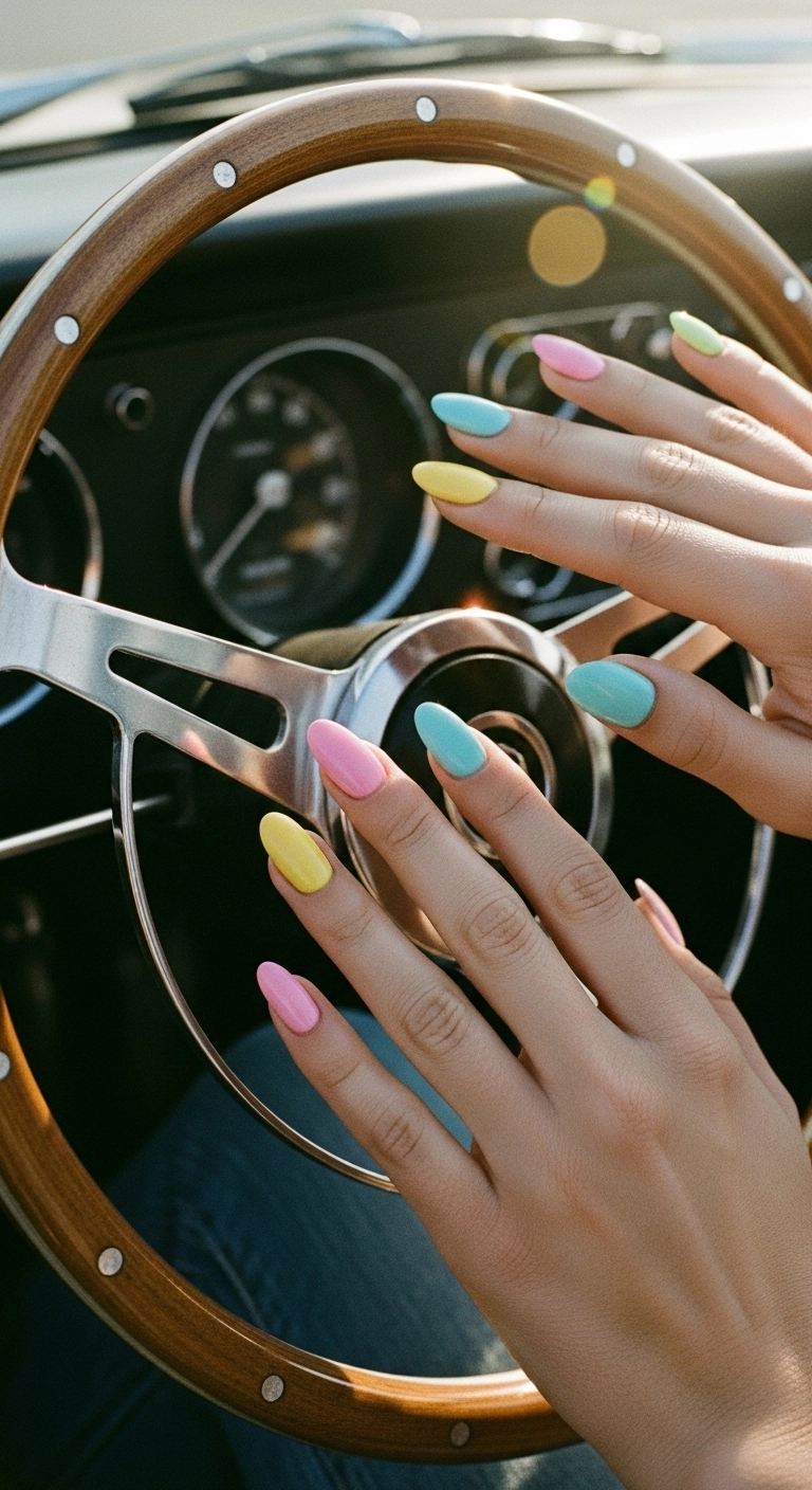 Pastel rainbow Skittles manicure on oval nails inside a vintage car.