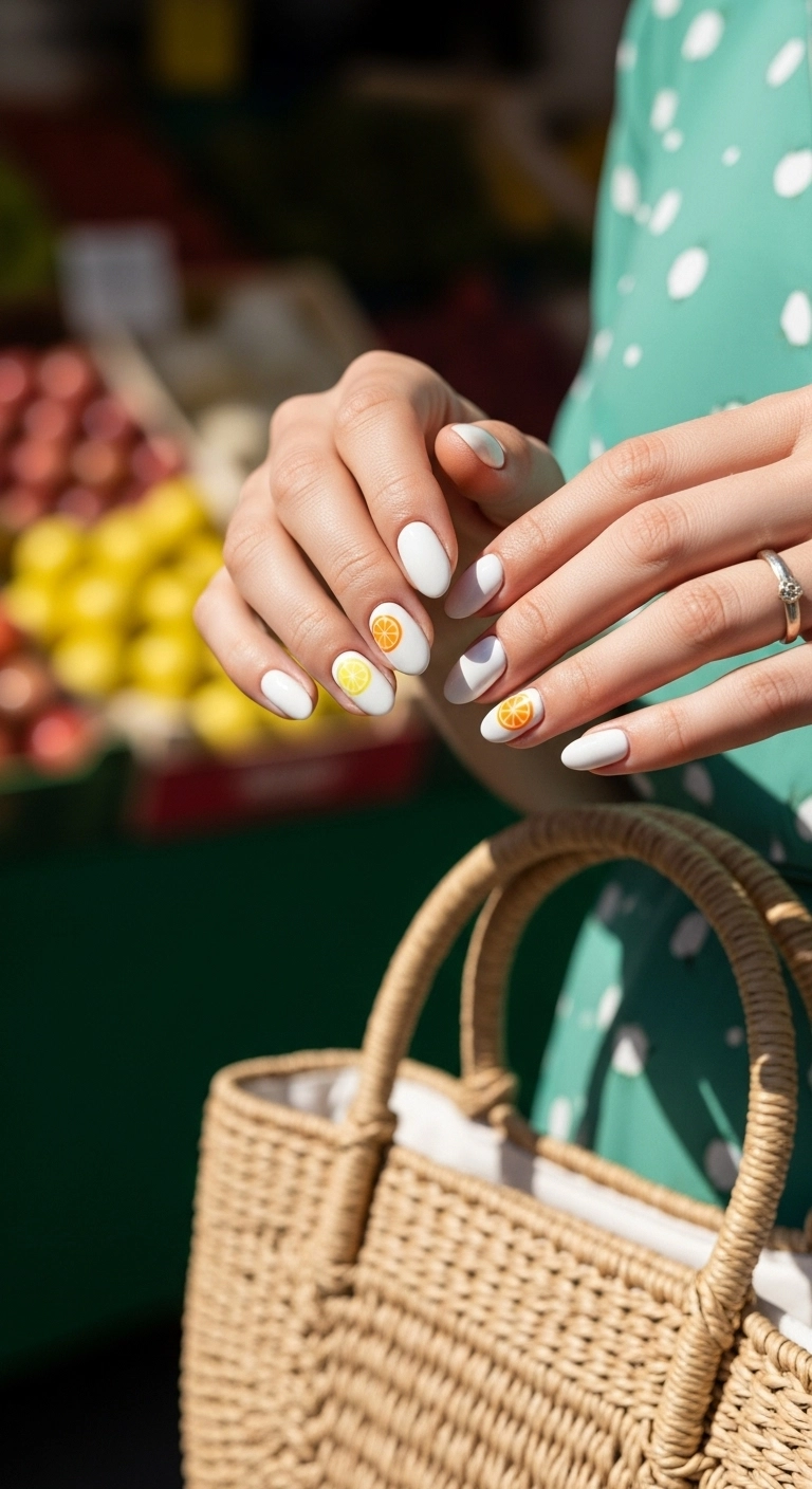 Minimalist nail art with delicate citrus slices on a white base color.