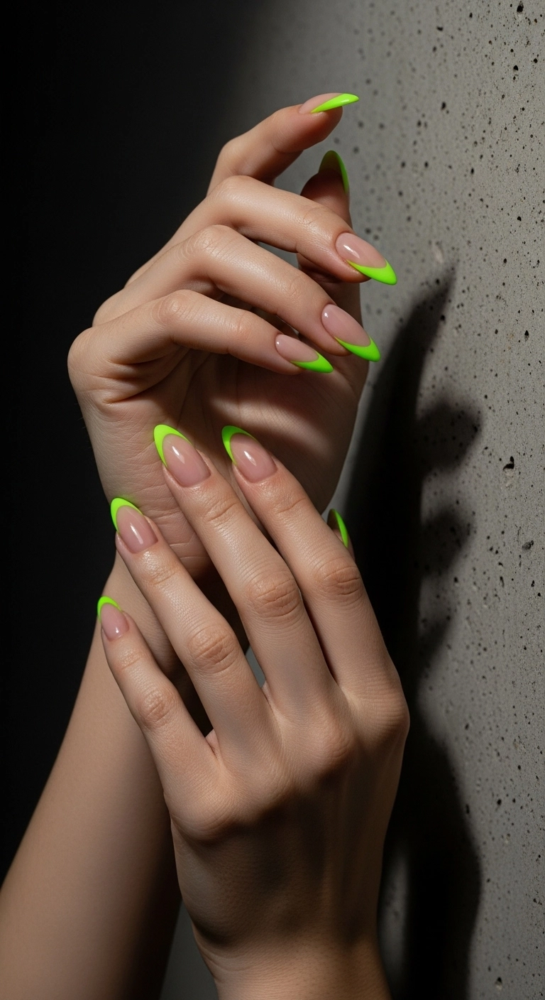 Modern French manicure with vibrant lime green neon tips on almond-shaped nails.
