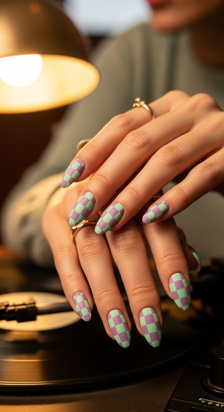 Almond-shaped nails with a retro checkerboard pattern in pastel lavender and mint green.