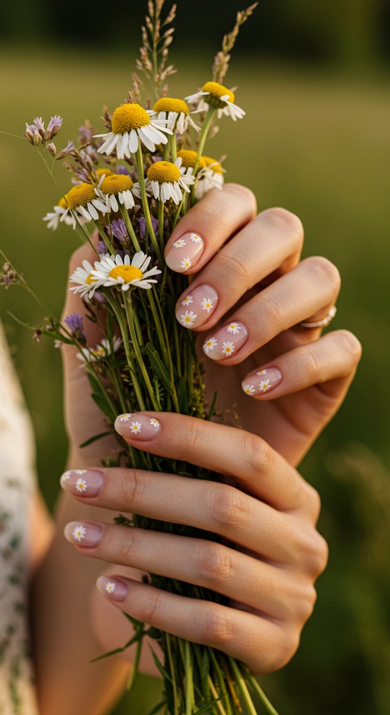 Woman's hands with short nails featuring a sheer nude base and dainty daisy art.