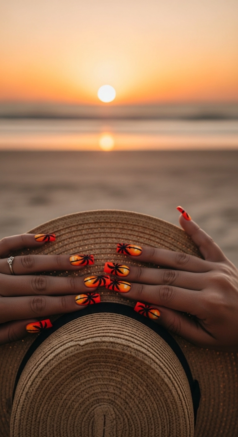 Palm tree silhouette nail art against a sunset gradient background on long square nails.