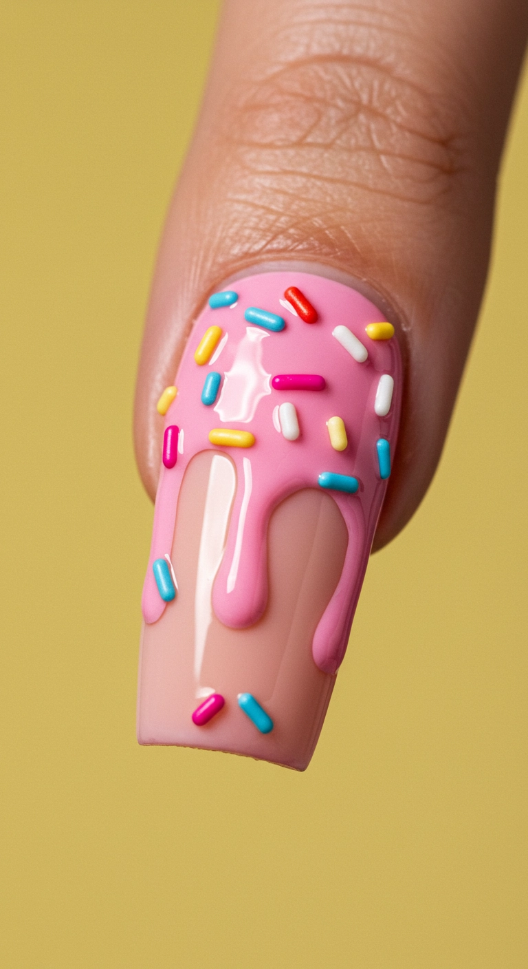 Macro shot of a single nail with realistic pink ice cream drip art and sprinkles.