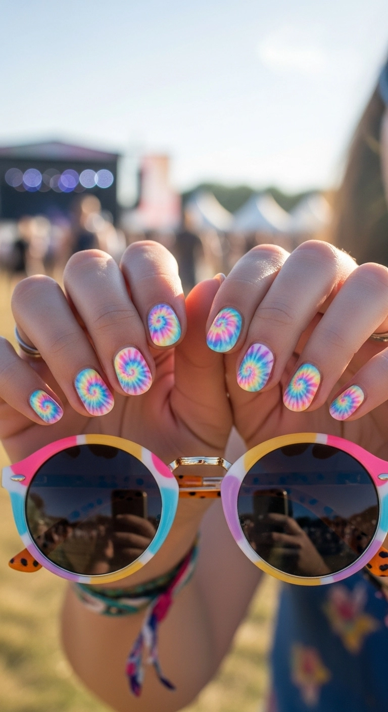 Vibrant pastel tie-dye swirl nail art on round nails.