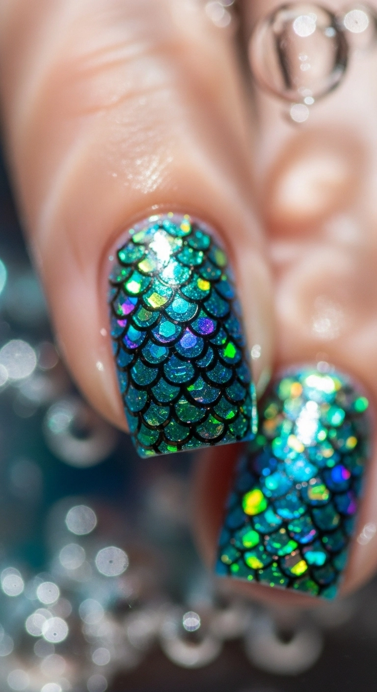 Macro shot of a fingernail with iridescent green and blue mermaid scale nail art.