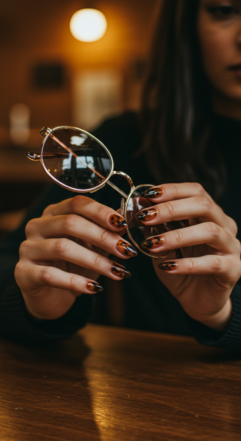 A close-up of almond-shaped gel nails with a realistic and detailed tortoiseshell pattern in brown, black, and amber.