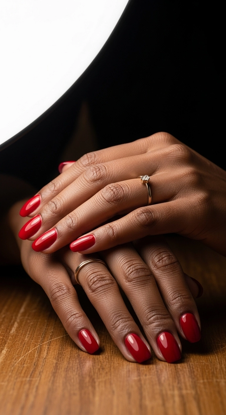 An editorial-style photo of squoval-shaped nails painted in a glossy, classic cherry red gel polish on a woman with a deep skin tone.