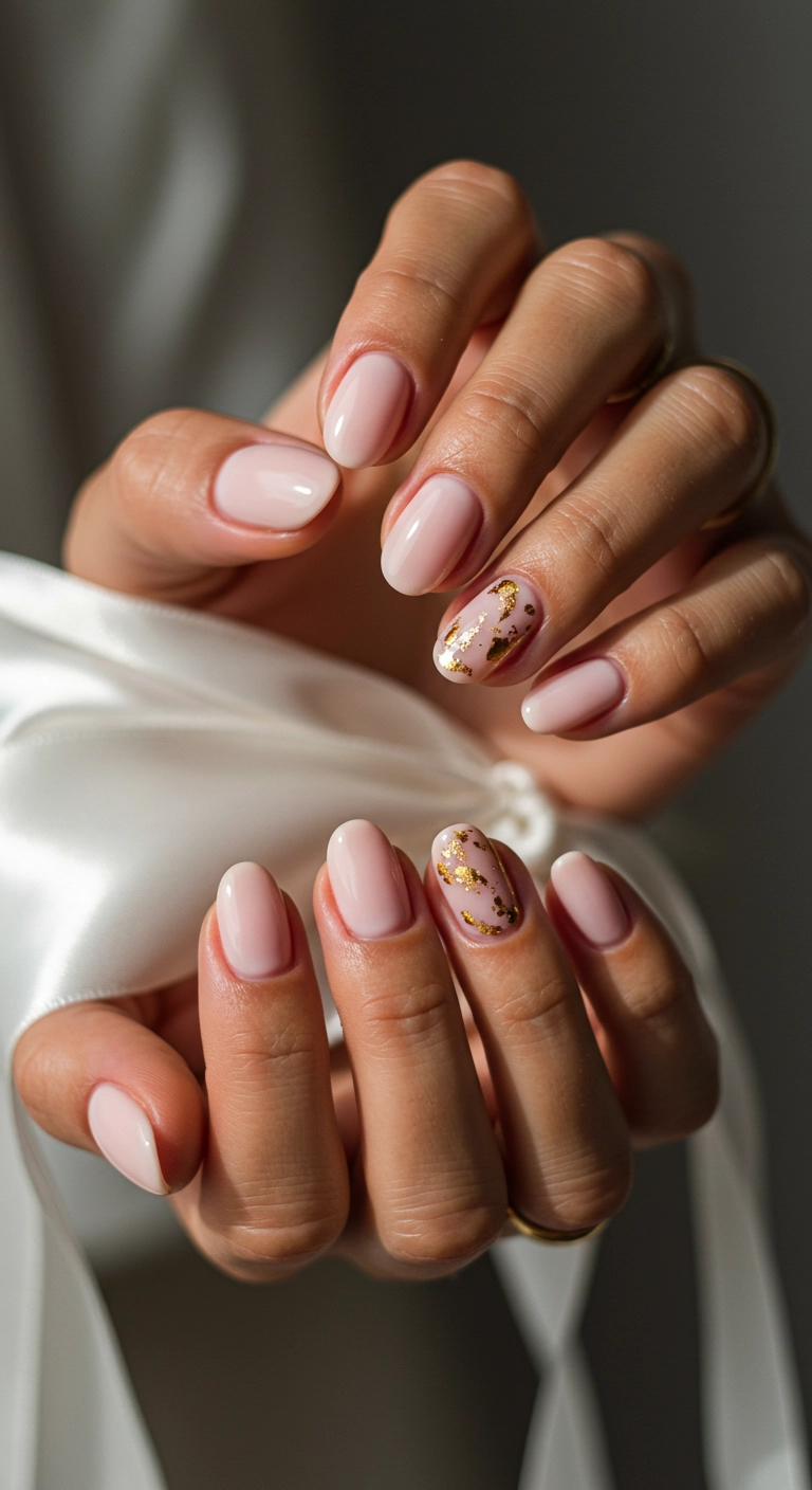 A close-up of oval gel nails in a nude pink color, accented with delicate flecks of gold foil near the cuticles.