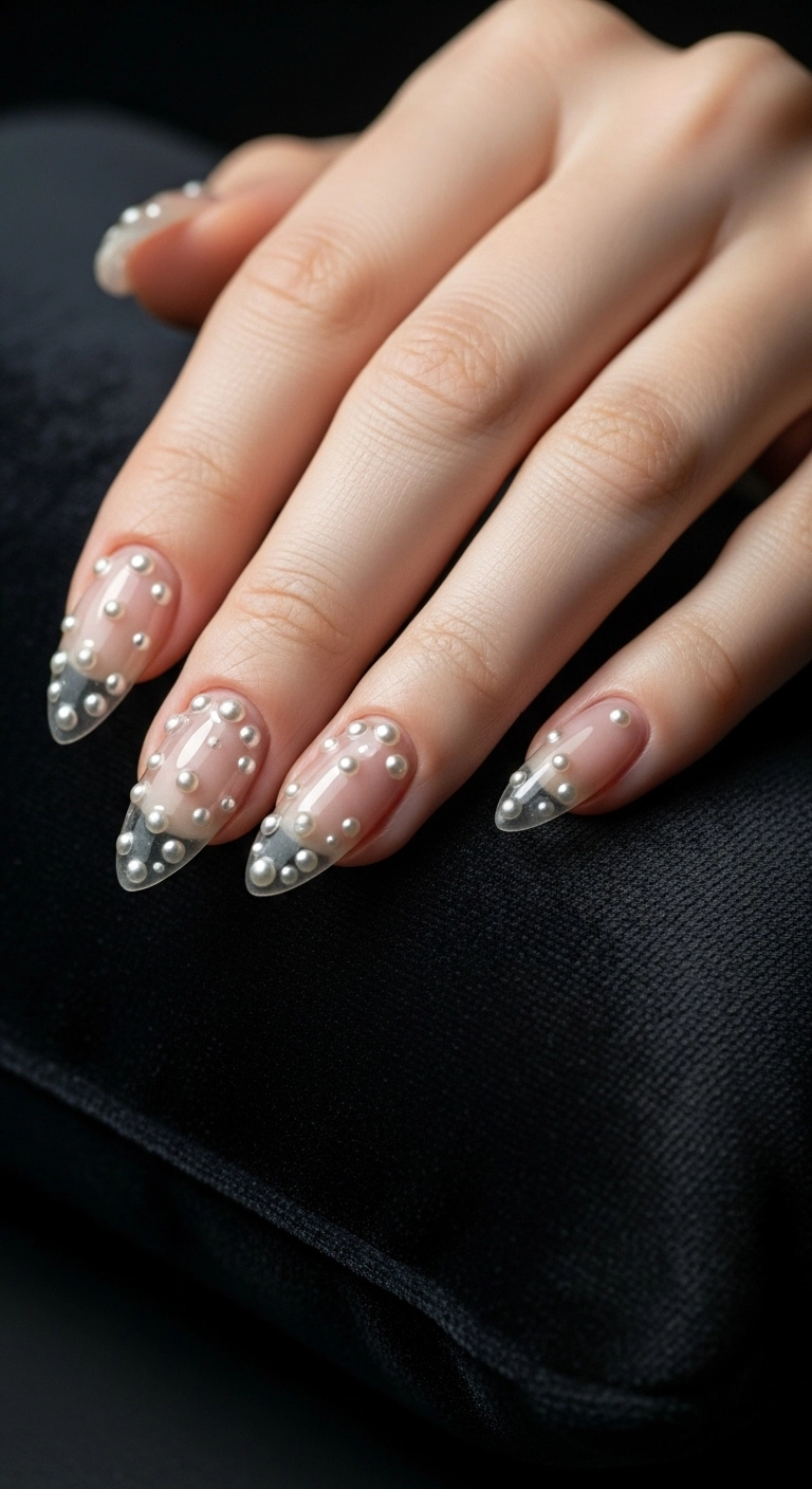 A macro shot of long, clear gel nails decorated with tiny, elegant pearl embellishments.