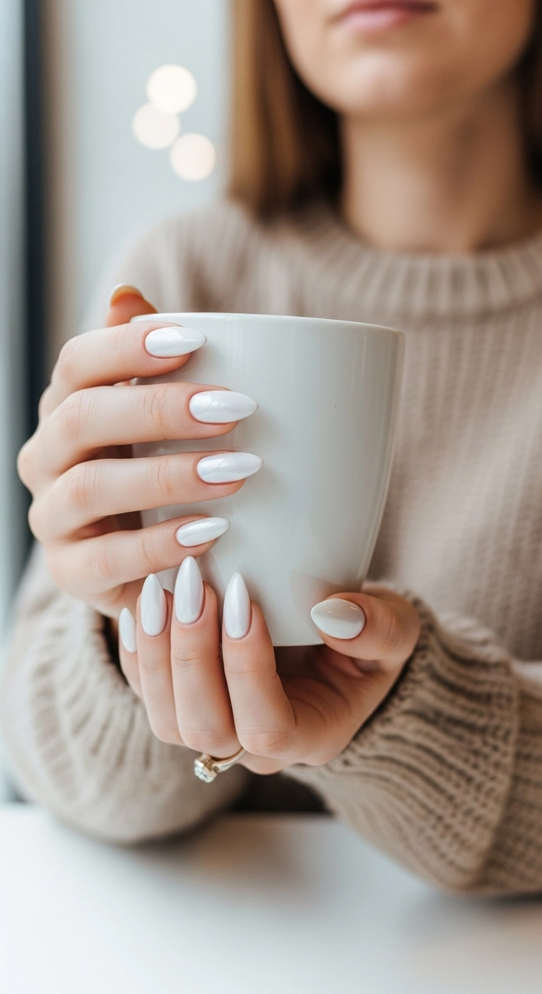 A close-up of long, almond-shaped gel nails with a pearlescent white chrome finish, often called glazed donut nails.